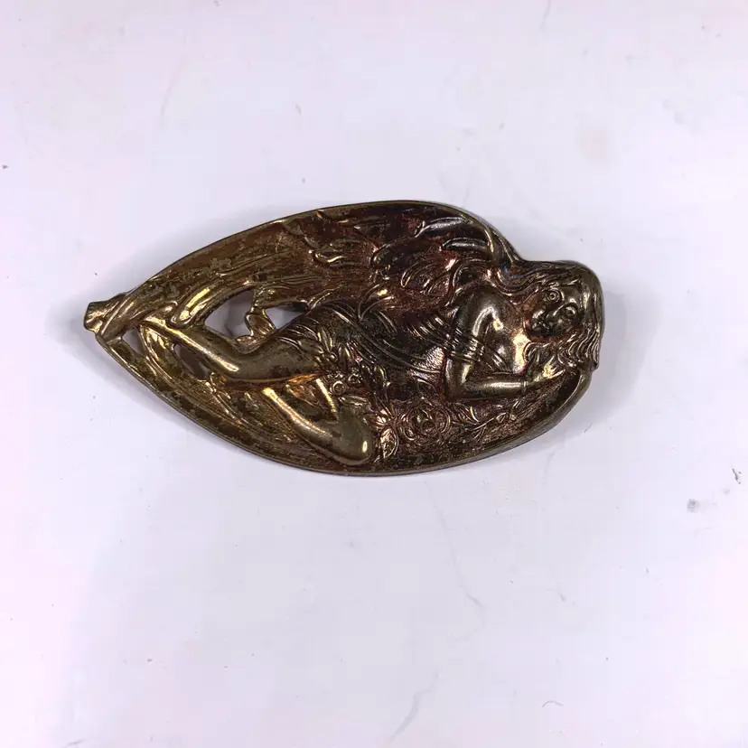 Copper Metal Angel Wing Brooch Pin Art Deco Maiden Floral Vintage