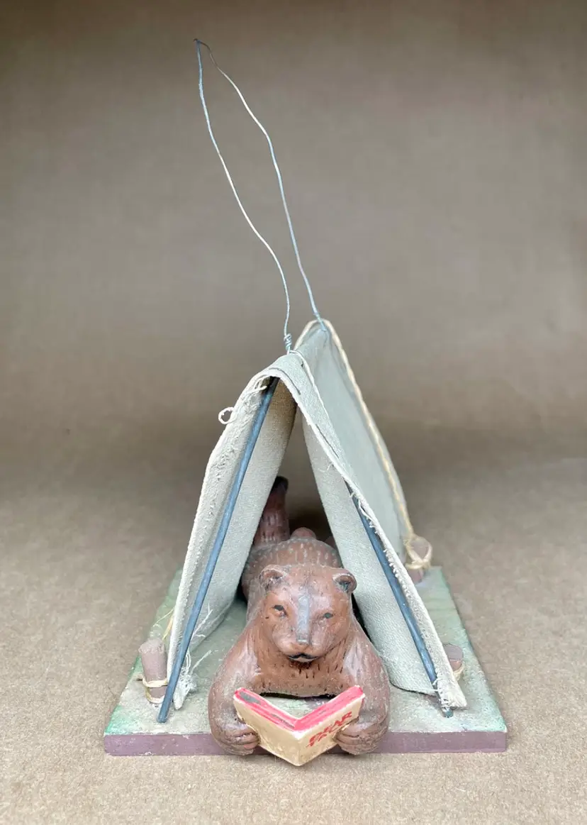 Bear Reading Book Bear Tale Inside Tent Hanging Camping Lodge Cabin Decor Adorable - RARE
