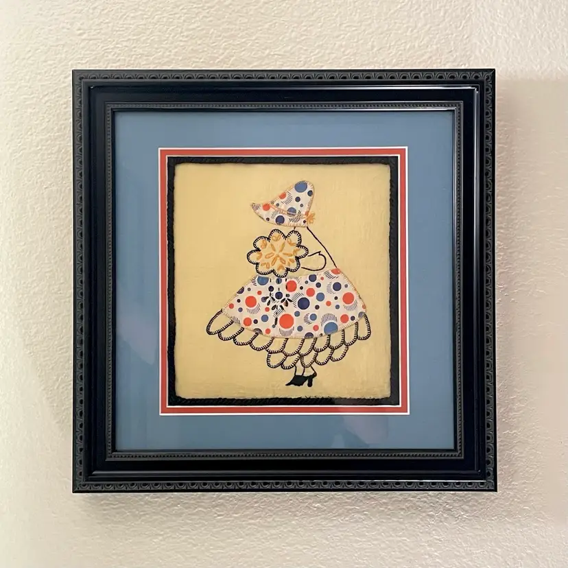 Sunbonnet Sue Framed Panel Applique Embroidery Vintage 1930s Art Wall Decor 14x14"