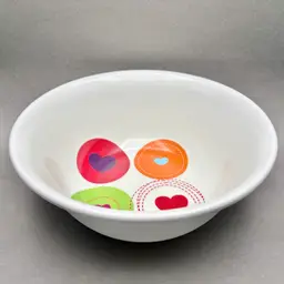 Vintage “Who Do You Love” White Melamine Serving Bowl with Colorful Pop Art Hearts