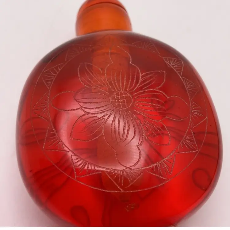 FFF VTG Carved Snuff Bottle with Flowers and Scrolls 3” x 1.75”