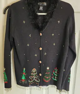 Theme Works Kikit Vintage Cardigan Sweater Women's L Black Christmas Trees Beaded