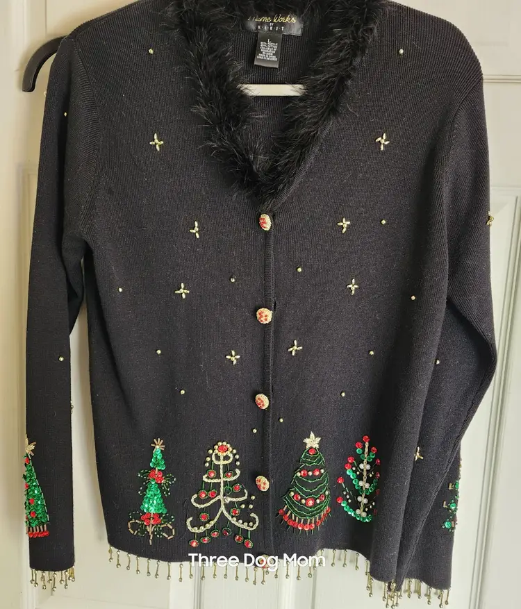 Theme Works Kikit Vintage Cardigan Sweater Women's L Black Christmas Trees Beaded