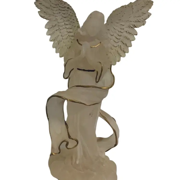 53. Frosted Clear 8” Tall Resin Angel With Open Wings Featuring Gold Color Detail