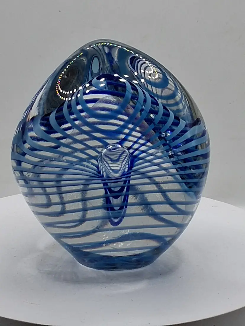 Signed Eickholt Art Glass Ribbon, Controlled Bubble, Dichroic Paperweight