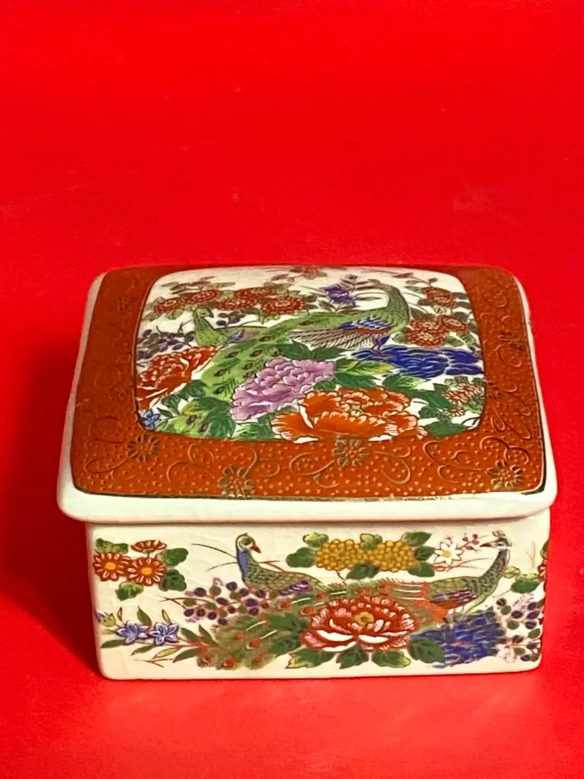 Asahi Japan MCM Porcelain Trinket Box w/ Peacocks & Chrysanthemums