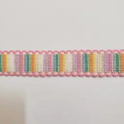 New Cross-stitched multi colored striped Ribband with pink trim.