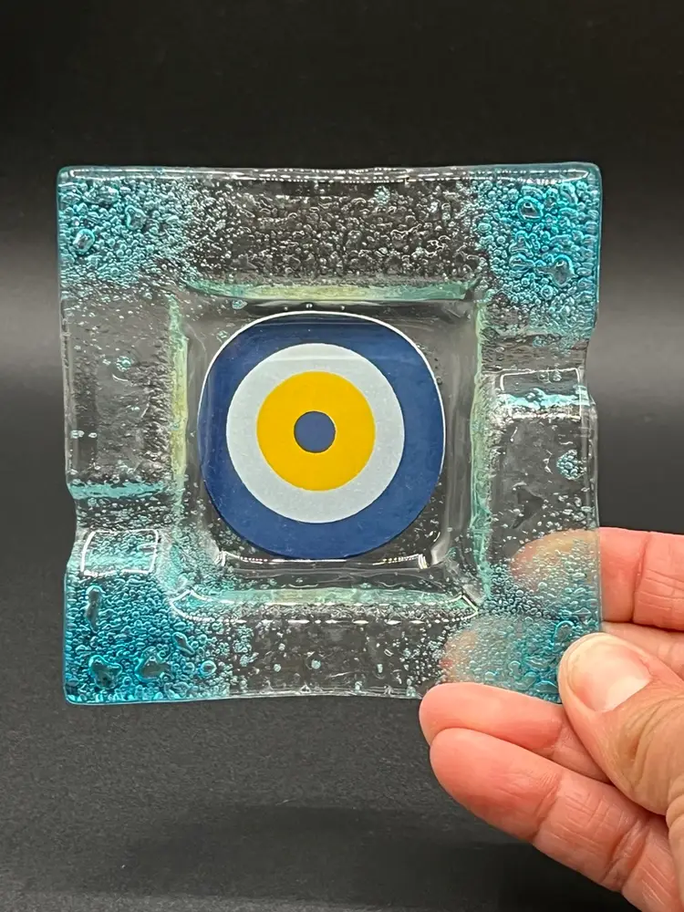 Small Blue Abstract Fused Glass Catch all Dish/Ashtray 3.75”