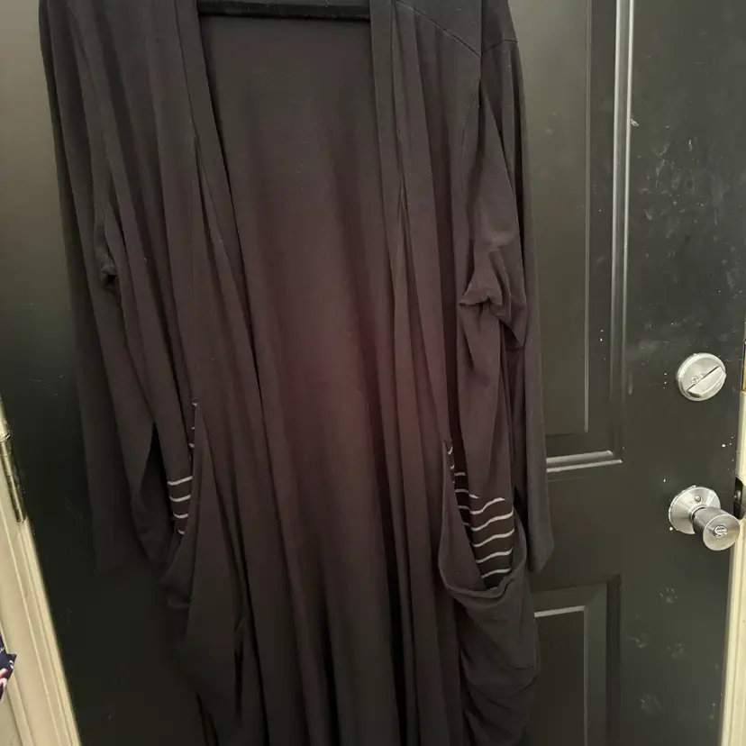Chalet 3X Long Duster Cardigan Black Stripe Pocket Detail Made in USA Lagenlook