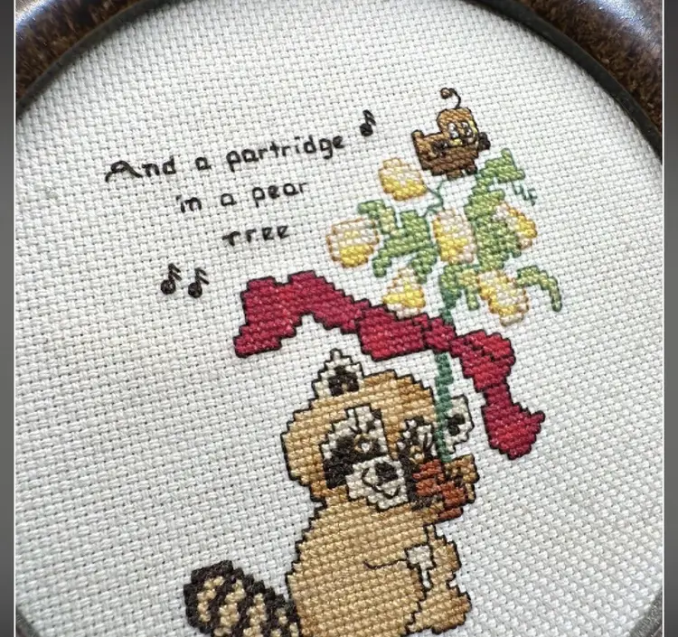 Vintage Christmas Needlepoint Framed Raccoon And Partridge In A Pear Tree