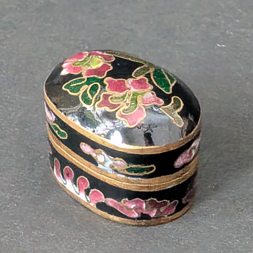 Vtg Miniature Cloisonné Hinged Trinket Box Floral Design Blue Enamel Interior