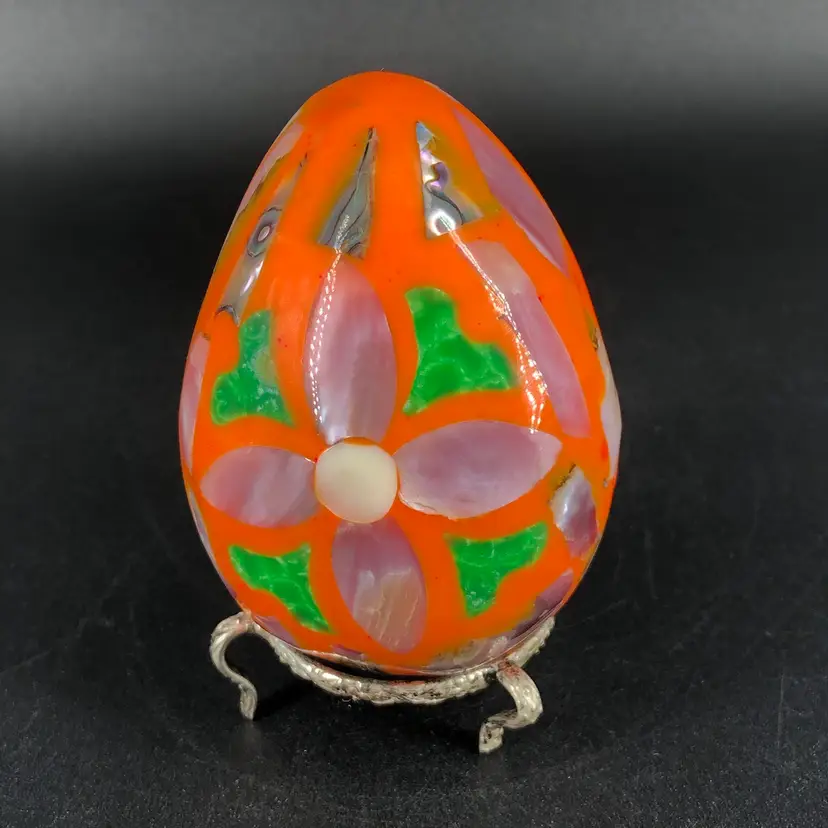 Vintage Orange Colored Abalone Mother of Pearl Inlay Tiles Mosiac Egg on Stand