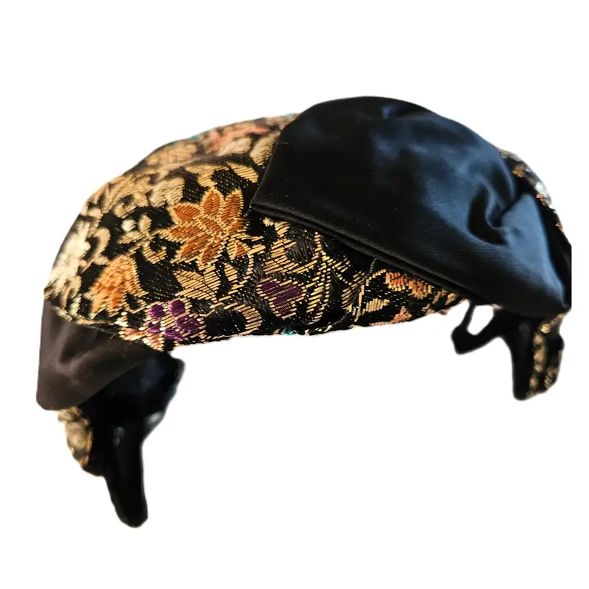 #01 - Vintage 1950's Church Half Hat, Black satin and Tapestry, Made in USA
