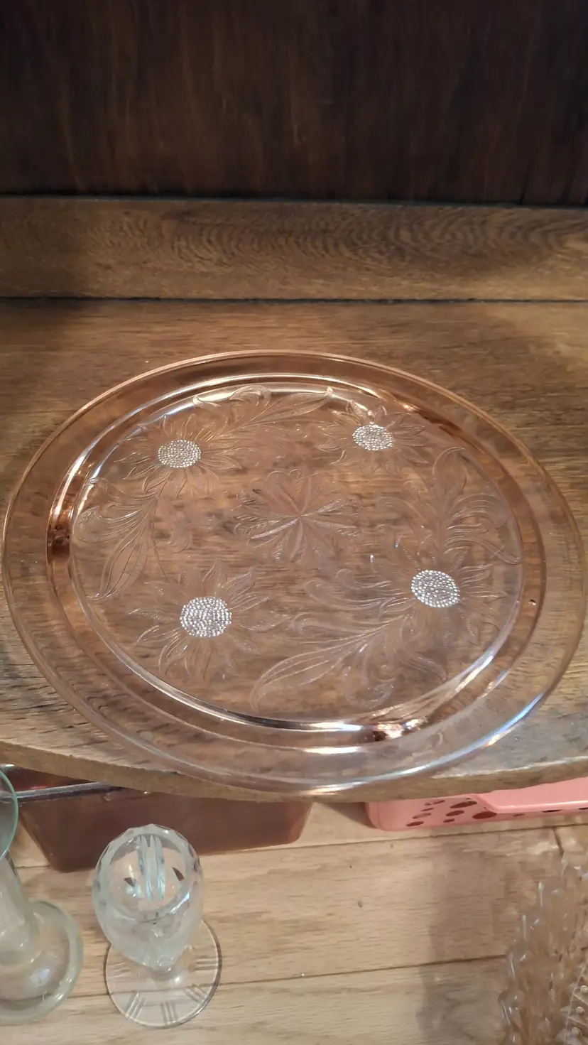 Pink depression glass sunflower cake plate