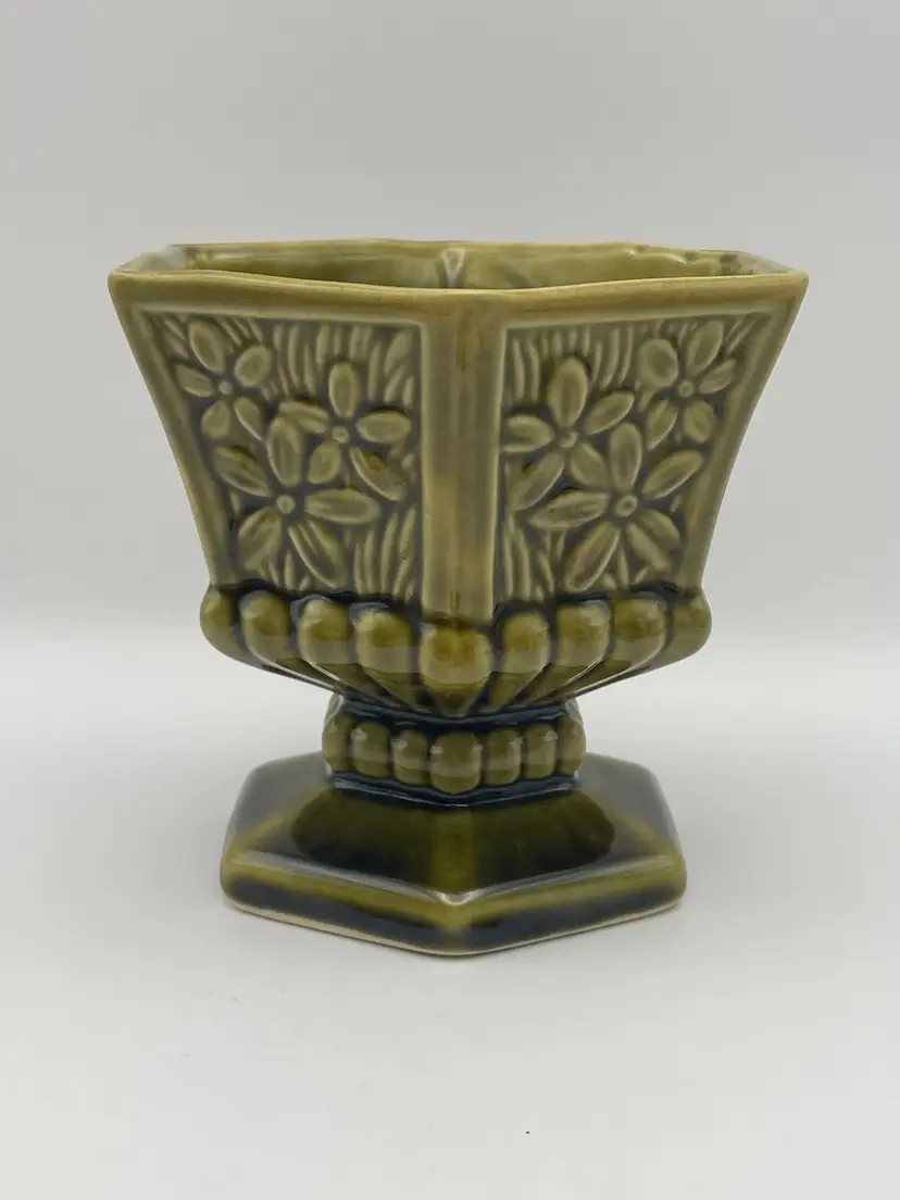 Vintage, MCM, Ceramic, Hexagonal, Pedestal Planter/Vase, Avocado Green, Daisies, 4.5” Tall. Various, fun uses!