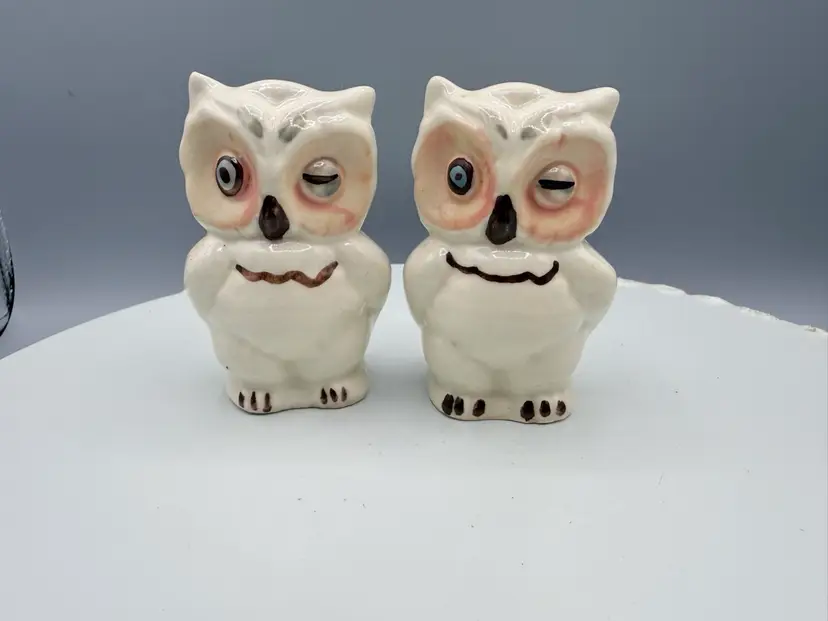 Vintage Shawnee Pottery Winking Owl salt and pepper shakers With Both Cork Stoppers In Tack