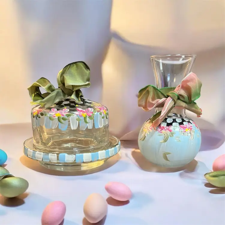 Vintage Set Hand Painted Floral Pattern Glass Butter Dish 2pc Dome over Dish 3.5” Matching Bud Vase 4” Paige Hanley Home
