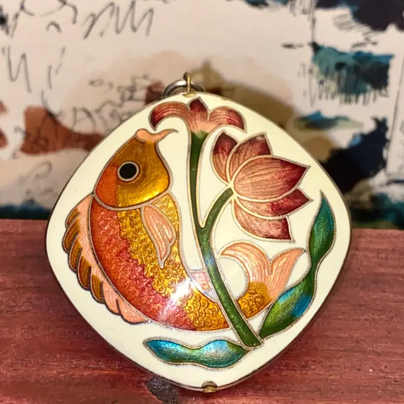 Vintage Cloisonné Puff Pendant | Multicolor Enamel Fish Jewelry | Peach Cream Gold Burgundy Green