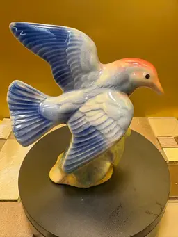 Vintage Royal Copley Blue And Pink Bird On Tree Stump Figurine 5"