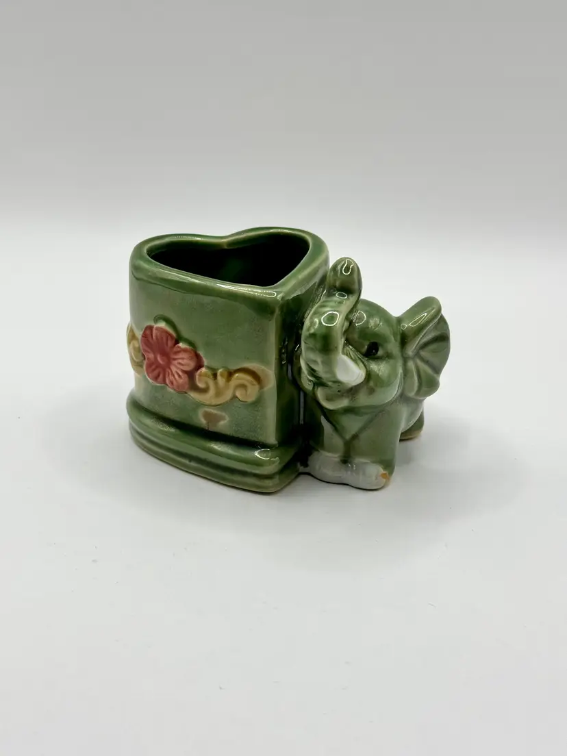 Vintage Majolica Style Ceramic Elephant Heart Shape Planter, Green With Floral Accents, Trunk Up for Good Luck, Unbranded