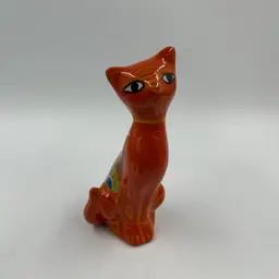 Vintage Orange Hand Painted Tonala Kitty With A Bird 6”T