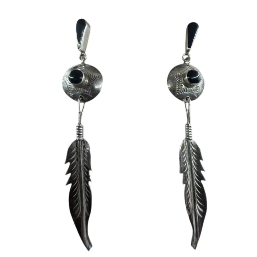 vintage Native American (Navajo) sterling silver and black onyx feather dangle earrings