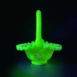 Fenton Custard Glass Basket Crimped Edge Hand Painted Flowers Signed Glows