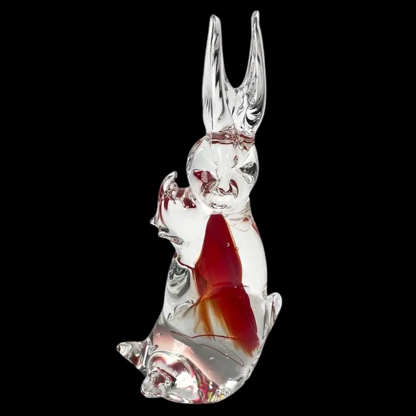 6-1/4” Murano Bunny Rabbit. Italian Art Glass Figurine With Red Sommerso. Glows Under UV. Partial Formia Label. Hard-To-Find Rabbit In This Position & With Red Sommerso.