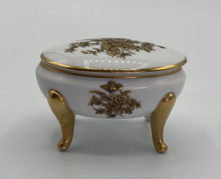 Vintage Trinket Dish With Lid Gold Footed Gold Transfer Flowers
