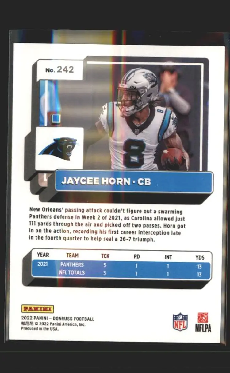 2022 Donruss #242 Jaycee Horn Blue Press Proof - (139) - Carolina Panthers