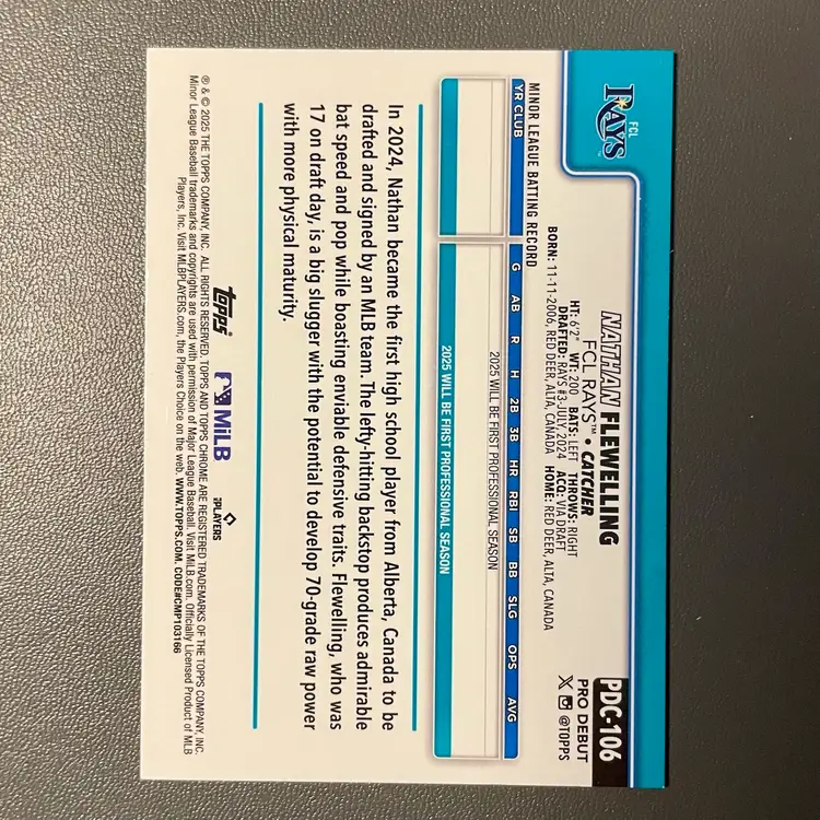 Nathan Flewelling (Tampa Bay Rays) 2025 Topps Pro Debut Chrome Green /99