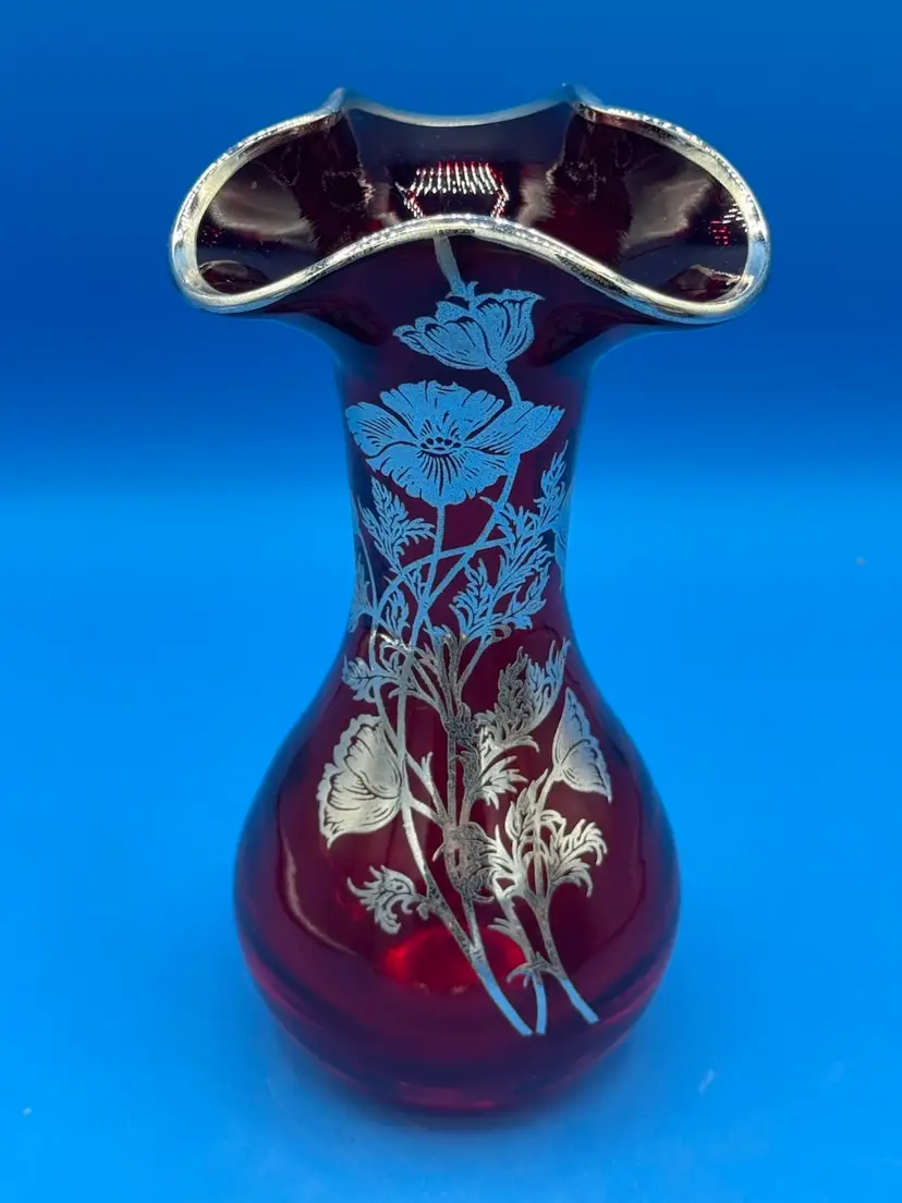 Flanders Hand-blown Ruby Red Vase  by Silver City - A Vintage Fluted With Silver Overlay &  Floral Motif