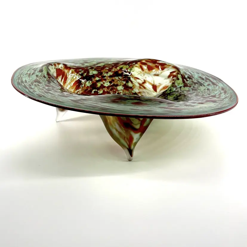 RARE SIGNED CHAD BALSTER 2008 “POD” GLASS BOWL  3 FOOTED STUDIO ART GLASS DISH