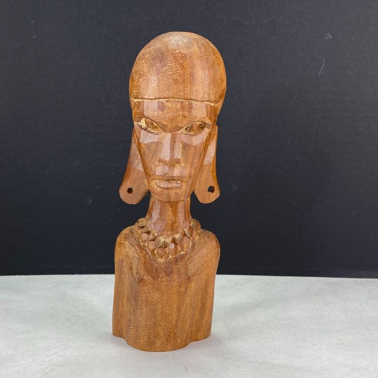 Vintage Hand-Carved Wood African Art Head Sculpture From Tanzania 1967