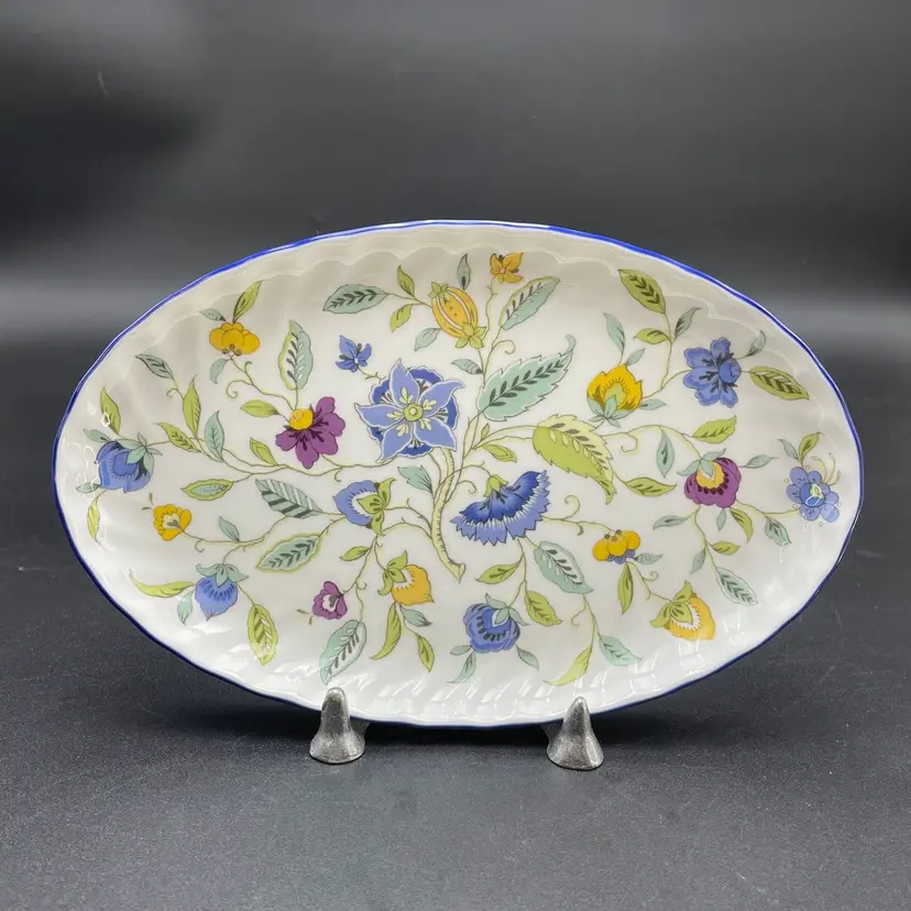 Minton Haddon Hall Fine Bone China Blue Chintz Oval Serving Dish #S782 Signed