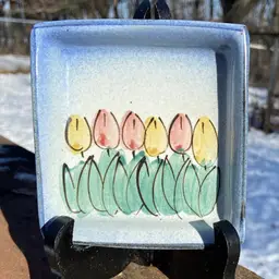 Pottery Trinket Dish With Tulip Motif. Not Signed. 4.25” x 4”.