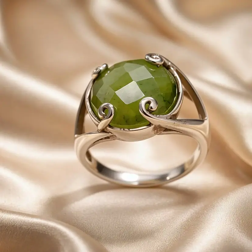 Sterling Silver Ring w Green Faceted Gemstone, Size 7