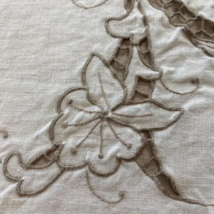 Linen Cutwork Cut Out Floral Tablecloth Embroidery Cottagecore 61x76 Vintage Shabby Décor