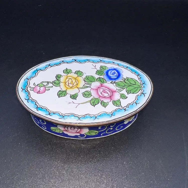 Vintage Canton Hand painted Floral Enamel On Metal Trinket Pill Box 