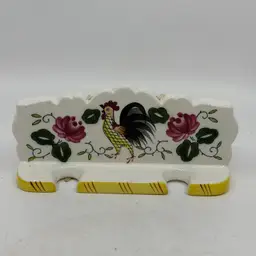 Vintage PY Ucagco Ceramic Kitchen Utensil Holder Hand Painted Provincial Rooster And Roses Cottage Core Farm Country Decor Slots For 2 Utensils Holes For Wall Mounting Made In Japan
