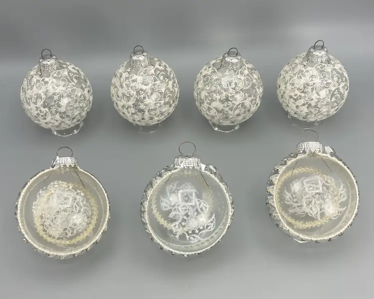 7 Vintage West Germany Ornate Silver Sparkle White and Clear Christmas Ball Ornaments