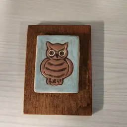 Pottery Owl tile wood backing wall hanging art 2"x3".
