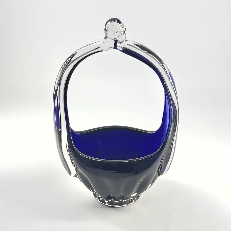 Art Glass Basket VaseCobalt Blue Knot HandleFlat Polished Bottom