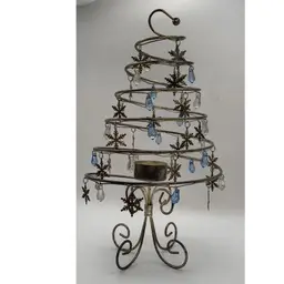 Silver Plated Spiral Tree Tea Lite Snowflakes, Faux Crystal Blue And Clear Ornaments. 12” Tall