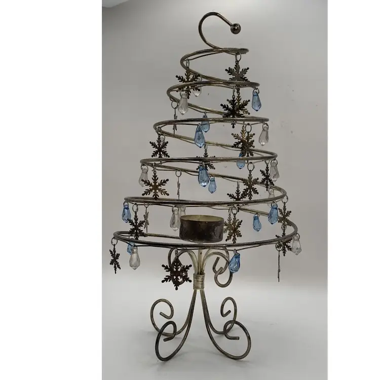 Silver Plated Spiral Tree Tea Lite Snowflakes, Faux Crystal Blue And Clear Ornaments. 12” Tall