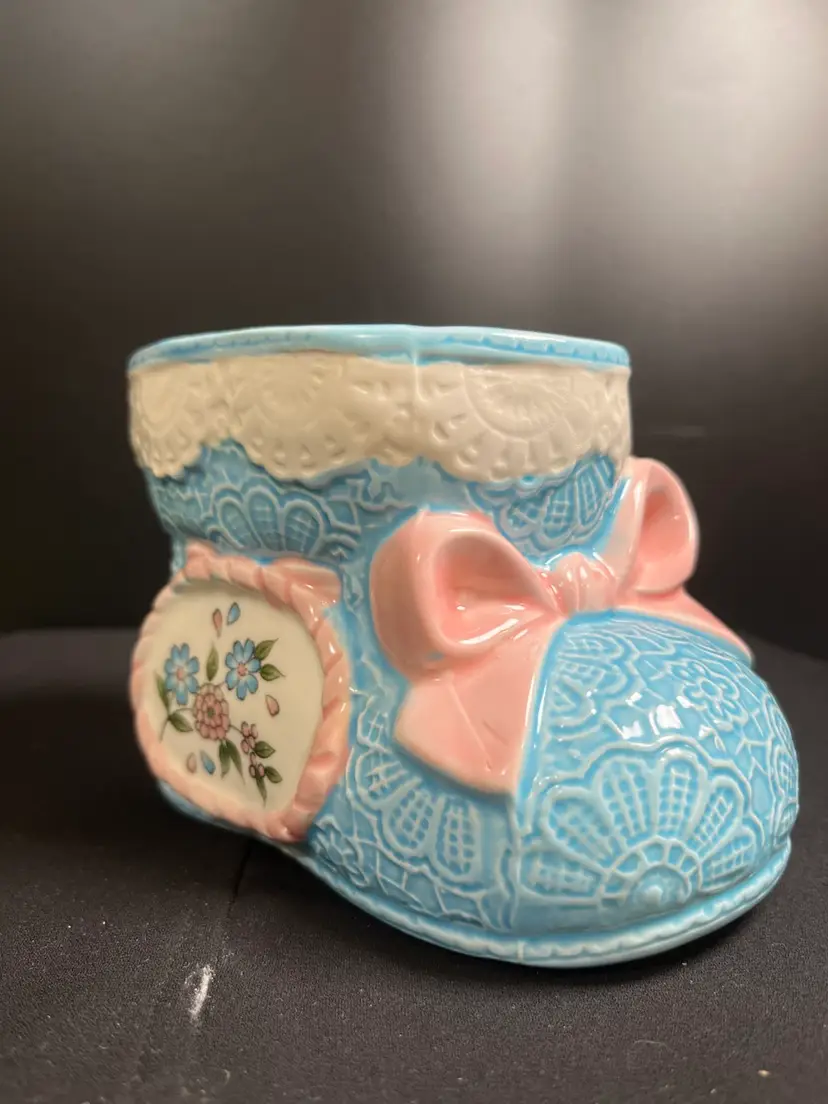 Inarco-Made in Japan-#CB-2048 Mid Century Blue & Pink w/ Floral Designs Baby Bootie Planter or Vase-Lot 58
