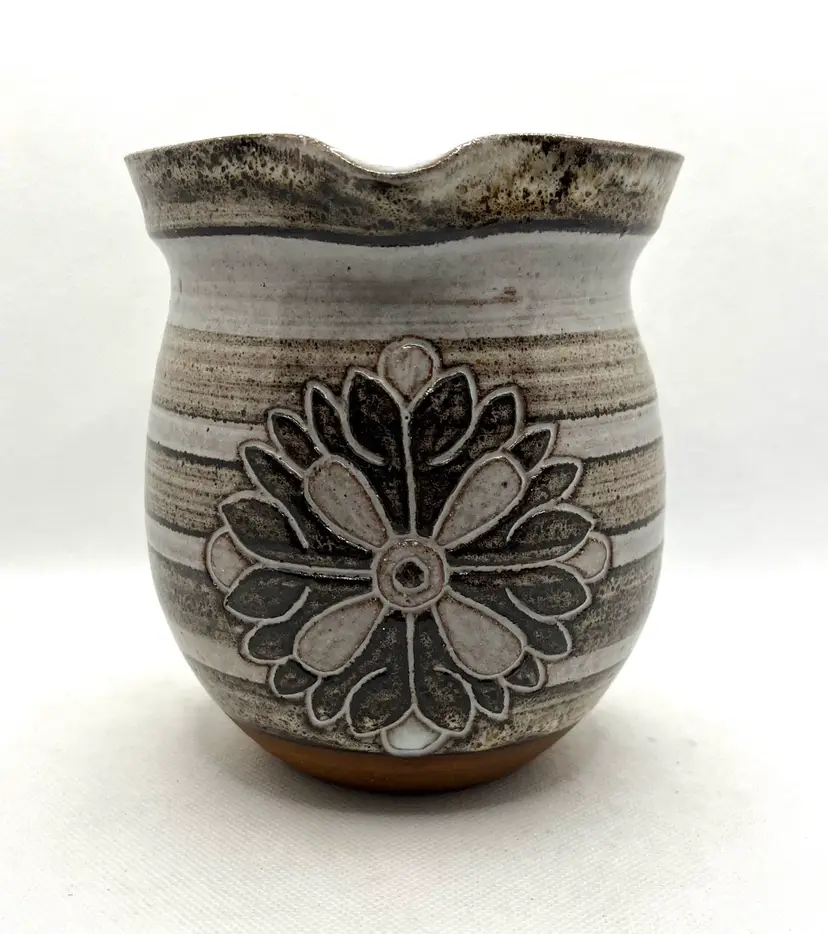 Studio Art Pottery Stoneware Striped Floral Small Pitcher Signed Dated 1972