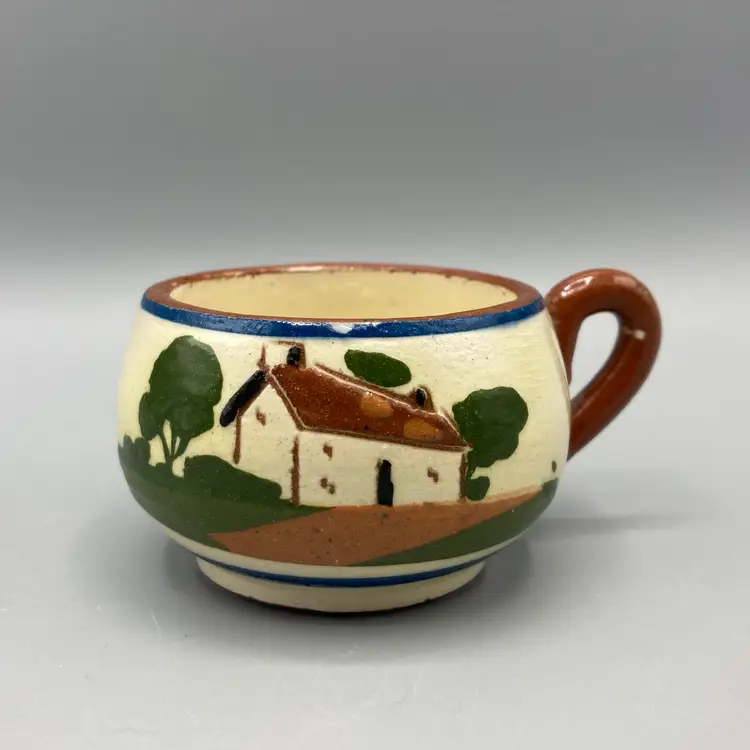 Devon Motto Ware (DMW) Miniature Ceramic Tea Cup with House Scene and Motto "Waste Not Want Not"