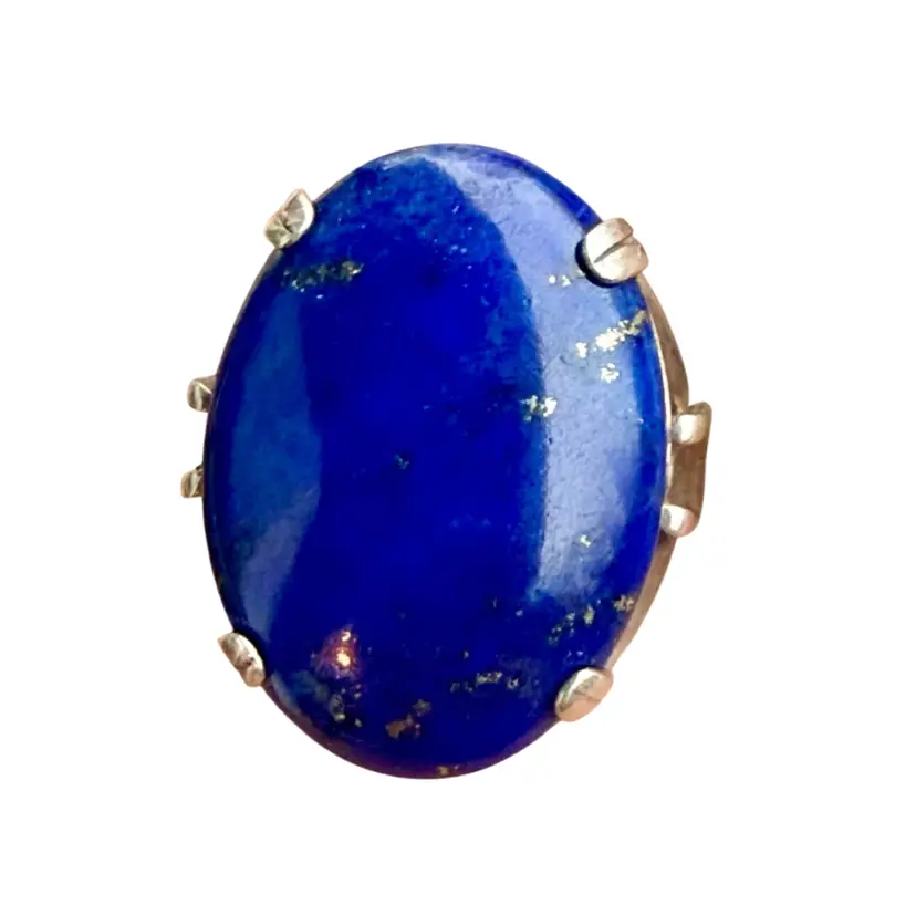 Vintage Chunky Mexican Modernist 925 Sterling Lapis Lazuli Ring Size 7.5, 8.5g