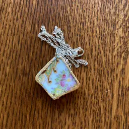 Broken Pottery Artisan Made Floral Pendant Diamond Brand Plate Handcrafted Necklace 1 3/8 in x 1 3/8 in